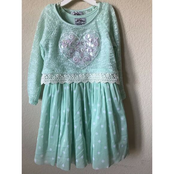 Knit Works Green Hearts Polka Dot Lace Trim Sequin Girls' Dress Set Size 3T - Picture 1 of 4